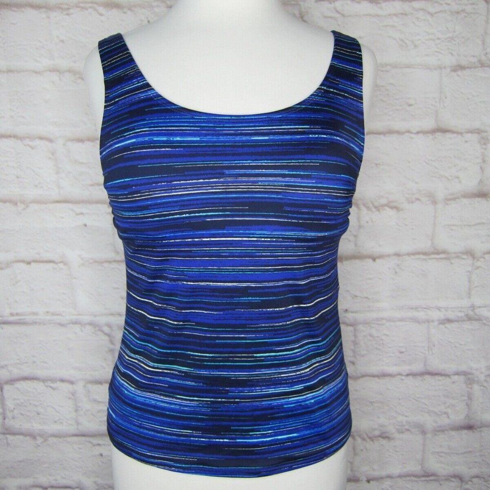 LL Bean Soft Cup Tankini Top Blue Navy Blue Multi Striped UPF 50+ size 4 Reg